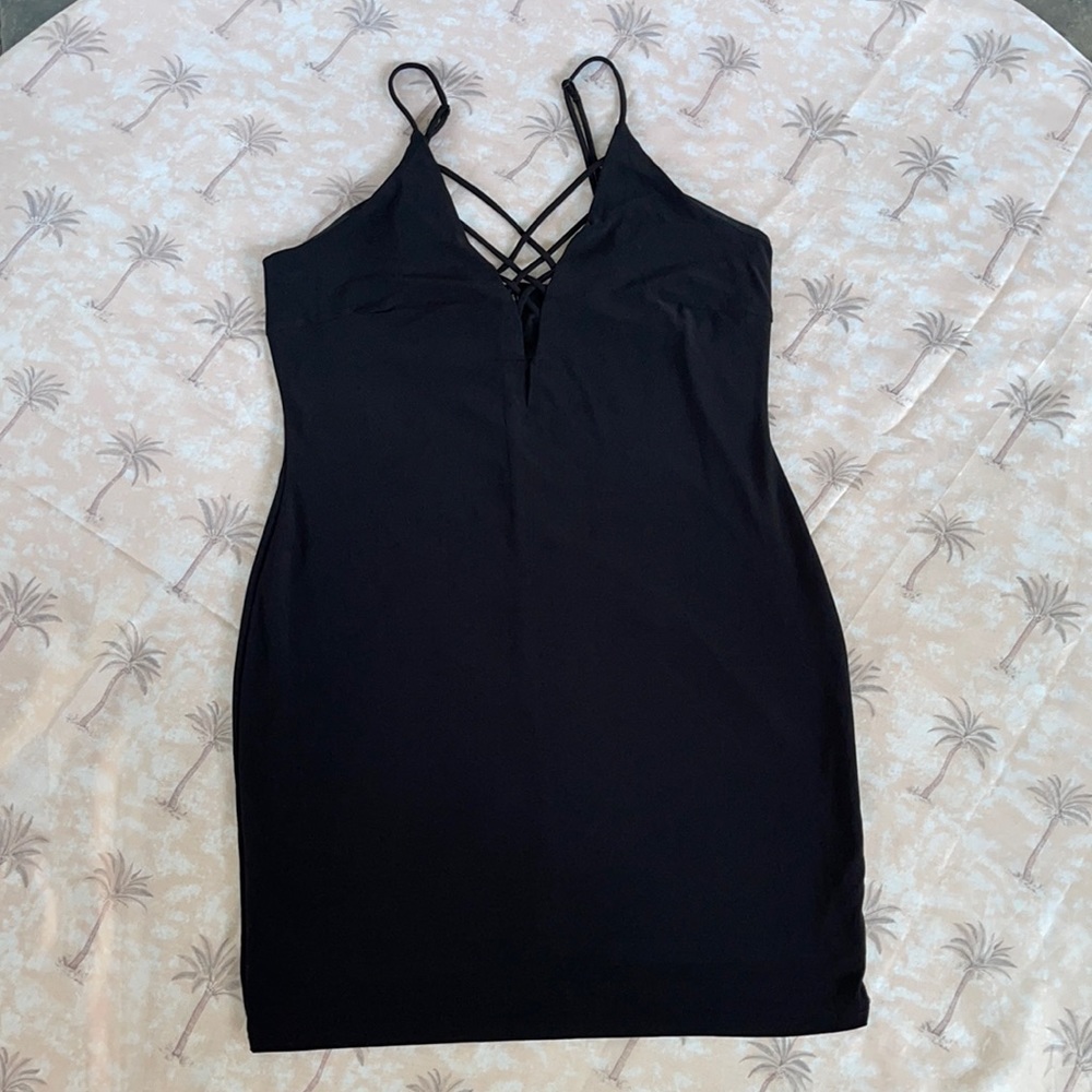 Black mini deep v adjustable strap dress
